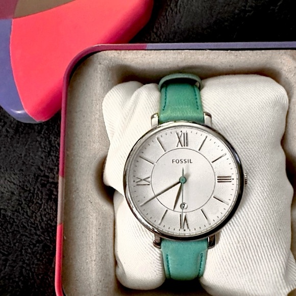 Fossil Teal Leather Jacqueline Women’s Watch w/ Silver in Original Fossil Box - Picture 4 of 7
